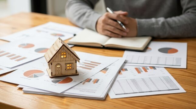 Small wooden house model sits on top of financial performance charts and statistical data sheets for property investment.