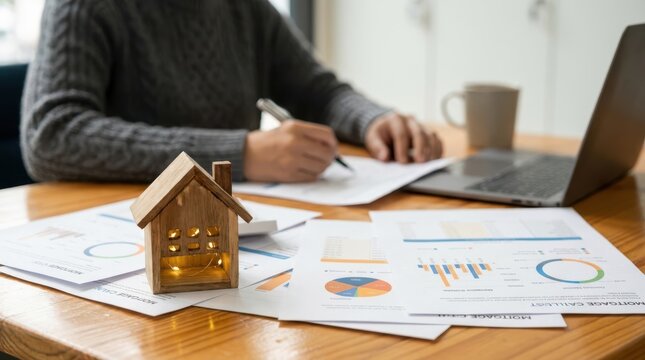 Professional writing financial mortgage report with wooden house model and charts for real estate loan assessment.