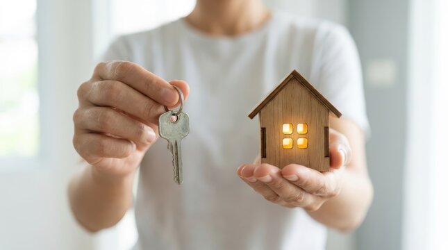 Person holding miniature wooden house model and silver key for home buying loan property investment and security.