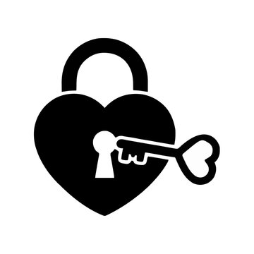 Heart shaped padlock and key with heart handle unlocking keyhole, romance and trust concept for valentines day