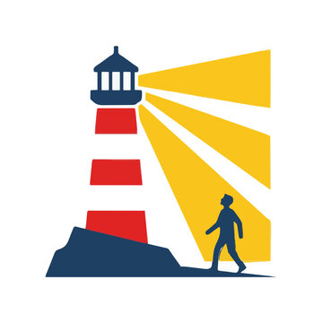 Red and white lighthouse shining yellow beams to guide a walking man silhouette, concept of leadership and hope
