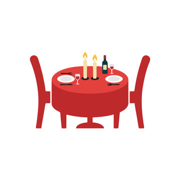 Romantic dinner table set for two with burning candles and wine glasses, elegant restaurant date setting
