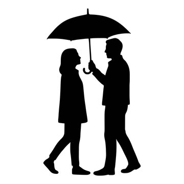 Silhouette of a loving couple standing together under a shared umbrella, romantic relationship concept