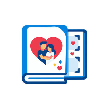 Romantic photo album with a couple hugging inside a red heart shape, symbolizing precious memories and love stories