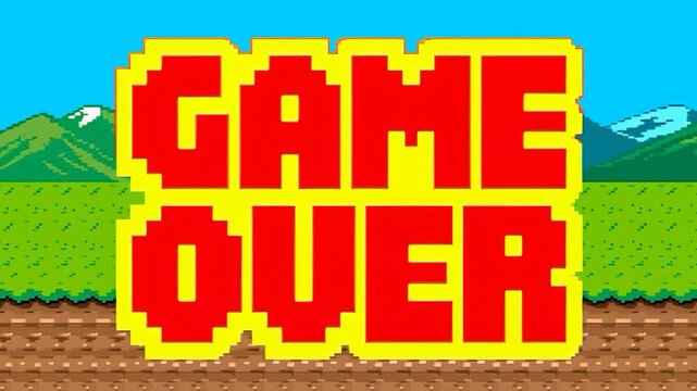 Pixelated game over message animates over a retro mountain landscape. Arcade game transitions, gameplay endings, and retro entertainment projects.