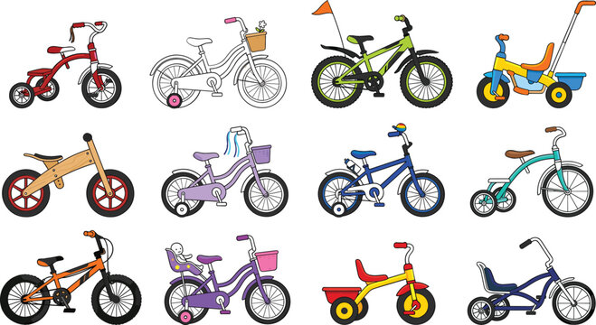Kids bicycles and tricycles vector set featuring toddler balance bikes training wheels and colorful childrens transport