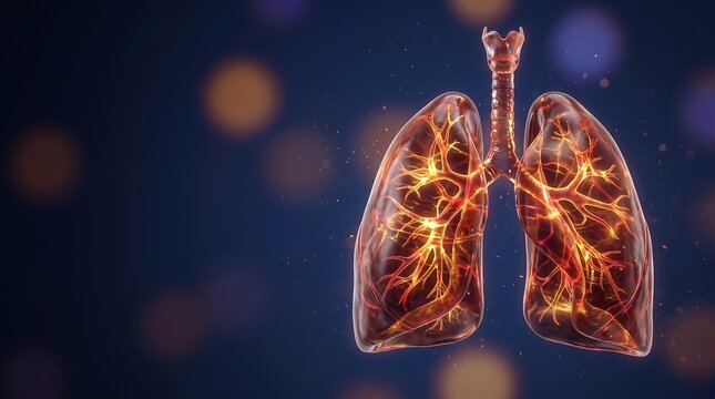 Human Lungs Glowing with Bronchi in 3D Medical Illustration Showing Respiratory System Anatomy on Dark Bokeh Background