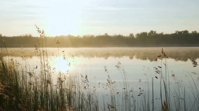 Misty lake landscape with calm water, reeds, morning sunlight. Nature documentaries, wellness and meditation media, and travel promotion.