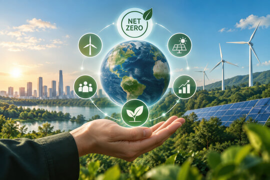 Net zero sustainability concept globe floating above outstretched hand with renewable energy icons, wind turbines, solar panels, ESG strategy, corporate climate action and green transition