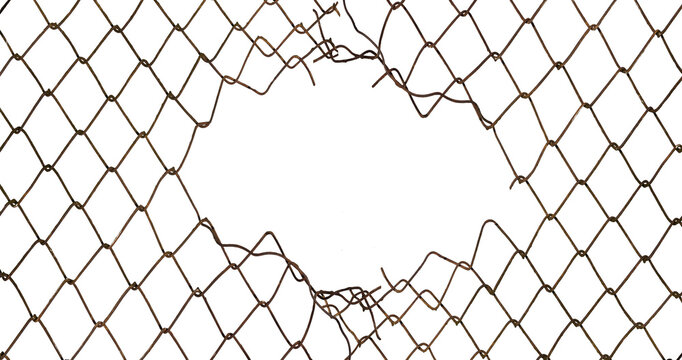 The texture of the metal mesh on a white background. Torn steel, metal mesh with holes