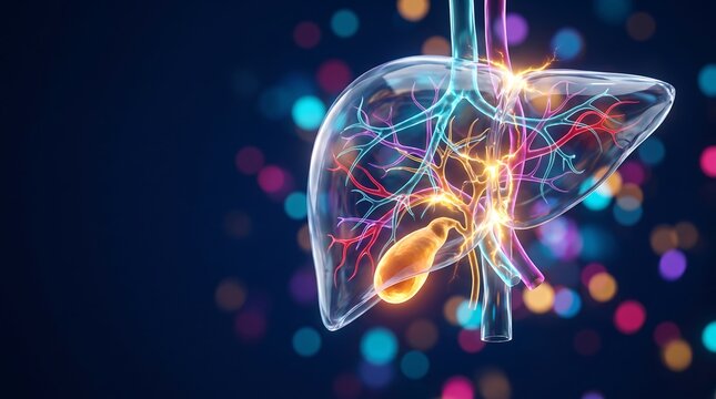 Digital Anatomy Illustration of Human Liver and Gallbladder Function with Glowing Neural Network Vascular Connections and Bokeh Background