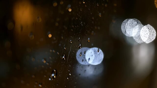 Intentionally blurred rain droplets slide across a dark window as amber and white bokeh lights glow. Cinematic transitions, rain ambience, and romantic storytelling.