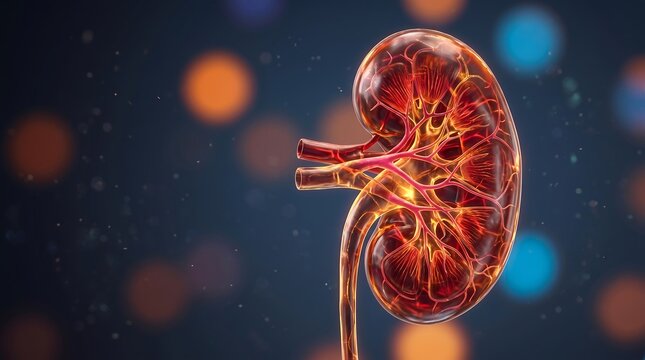 3D illustration of human kidney anatomy showing blood vessels and internal structure with glowing effect