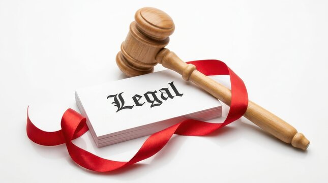 Wooden judicial gavel resting on legal document stack wrapped with red ribbon representing courtroom justice law.