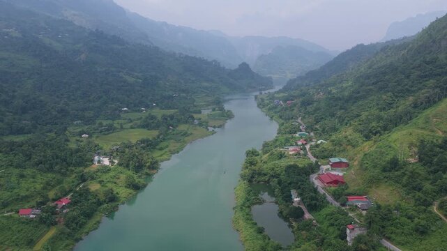 Aerial view of river valley and village in bac me vietnam