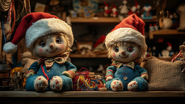 Two Miniature Handmade Christmas Elves Sitting Together in a Cozy Festive Workshop Setting