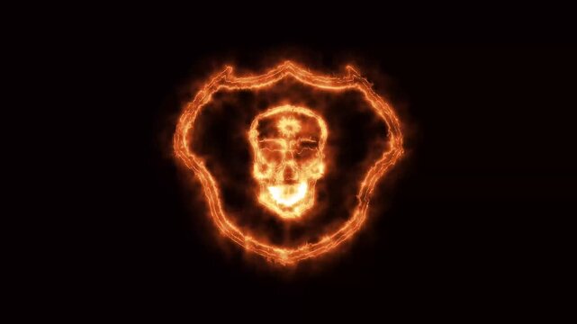 skull label with fire effect on black and green background