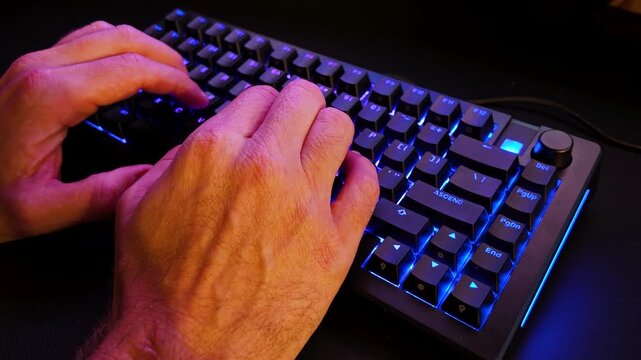 Overhead close-up of hands typing on a colorful backlit computer keyboard, capturing modern technology, digital communication, and everyday computer use.