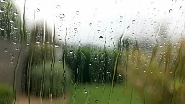 Raindrops slide down a glass window with a blurred green landscape beyond. Weather programming, relaxation content, and cinematic mood setting.
