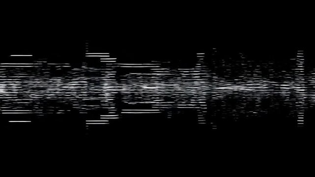 Flickering monochrome glitch distortion forms horizontal scanlines across a black digital field. Digital transitions, technology presentations, and broadcast graphics.