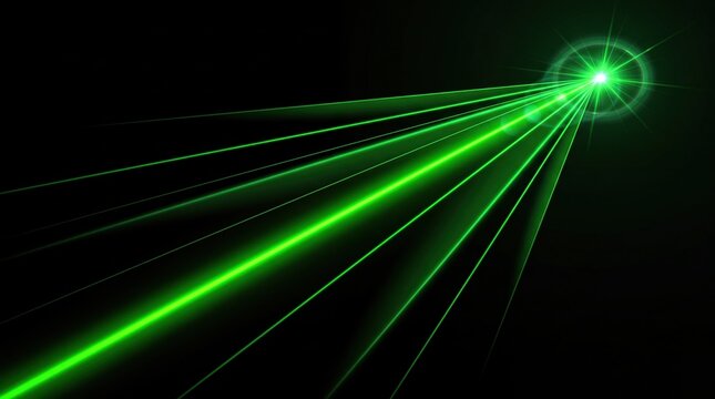 Glowing green laser light beams, bright optical flare in dark night background