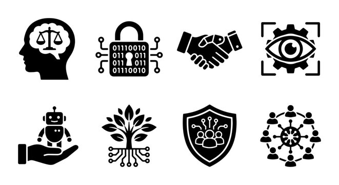 Technology and business icons set with robot, security, handshake, eye scan, brain and network