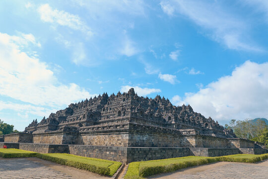 Borobudur Temple with clear blue sky and copy space, Central Java, Indonesia