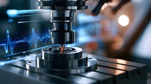 Cnc machine spindle tool precisely working on a metallic workpiece, showing an overlay of digital wave data representing analysis and control in advanced manufacturing