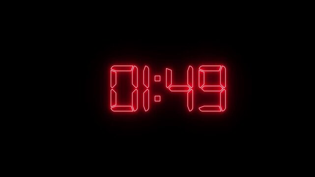 Red digital countdown timer display with glowing neon numbers on black background, clock