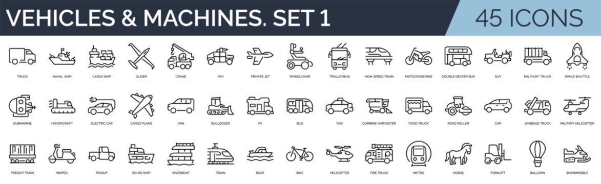 Set of 45 outline icons related to vehicles and machines. Linear icon collection. Editable stroke. Vector illustration