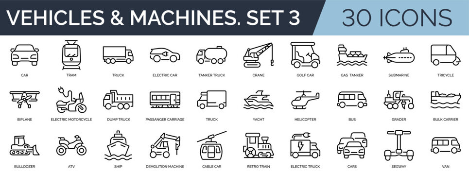 Set of 30 outline icons related to vehicles and machines. Linear icon collection. Editable stroke. Vector illustration