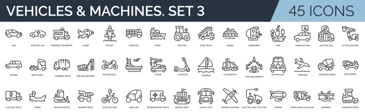 Set of 45 outline icons related to vehicles and machines. Linear icon collection. Editable stroke. Vector illustration