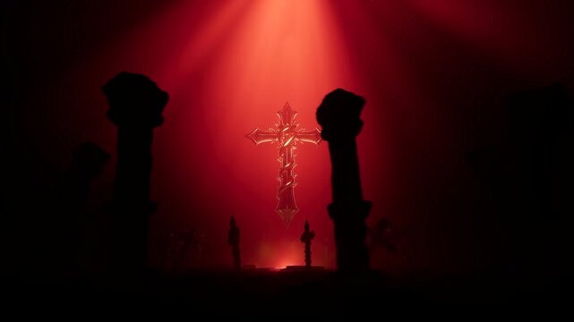 Floating Gothic Cross in Red Spotlight