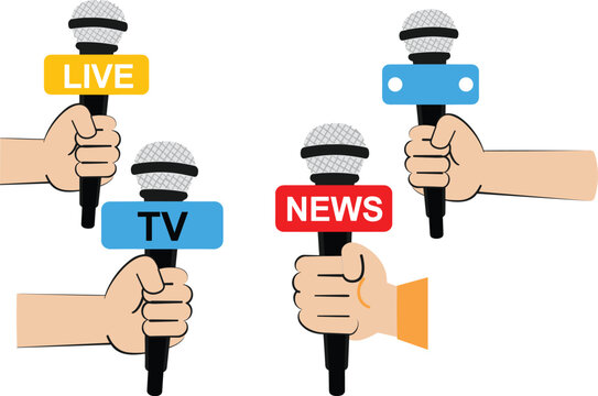 Multiple hands holding microphones for news reporting and live broadcast interviews.