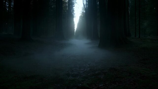 Misty forest path recedes through a dark woodland as low fog drifts between tall trees. Nature documentaries, environmental storytelling, and mystery and suspense productions.