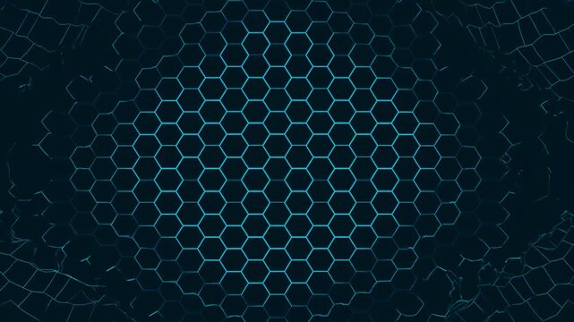 Animated cyan hexagonal grid expands across a dark digital field. Technology presentations, cybersecurity media, and software promotional graphics.