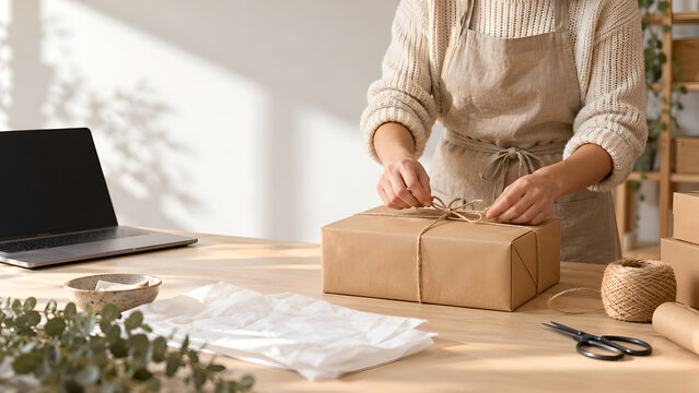 Small business owner wrapping a parcel at a home studio