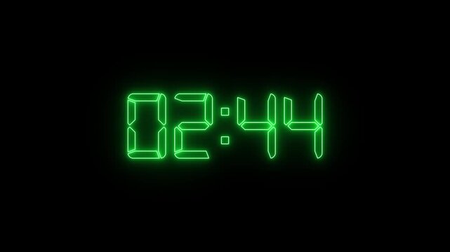 Neon green digital countdown timer display, glowing led clock interface for broadcast and motion
