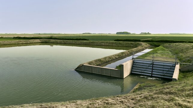 Large freshwater fish pond with a metal sluice gate and concrete water control structure surrounded by agricultural fields. Aquaculture water management, water retention and sustainable farming concep