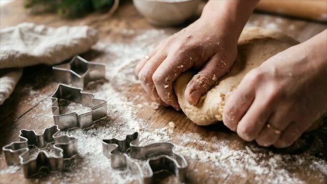 Hands kneading cookie dough on a floured table beside festive cutters. Homemade baking, holiday cookies. Preparing dough for cutout biscuits. Seasonal kitchen tradition.