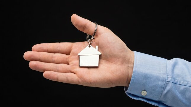 Hand wearing blue shirt holding silver house shaped keychain with blank tag against black background.