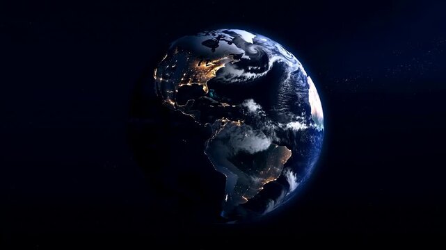 Rotating Earth globe in outer space with glowing city lights and cloud-covered continents. Global business presentation, international communication campaign, and geography education.