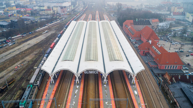 Gliwice, Silesian Voivodeship, Poland. Aerial view of the railway and bus stations.
