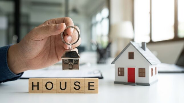 Person holding house keychain over wooden letter blocks spelling word house near small model on table.