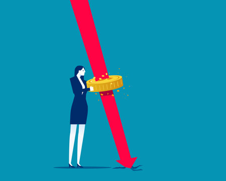 Investment Risk and Financial Crisis. Financial Graph Piercing Through Money on Businesswoman Hand.