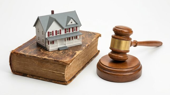 Small model house sitting on vintage law book next to a wooden judge gavel representing property law concepts.