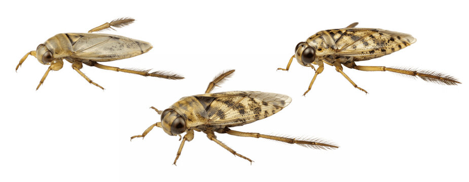 Isolated transparent clipart of three backswimmer insects flying