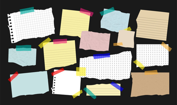 Torn paper notes set with colorful adhesive tape, ripped notebook pages and sticky memo scraps, vector illustration