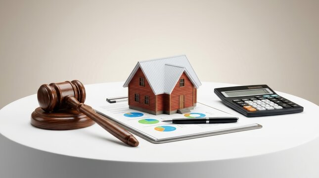 Gavel and miniature red house on financial chart document illustrate property foreclosure and auction concepts.