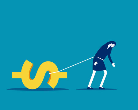 Financial Debt and Burden. Businesswoman Tied with Dollar Symbol.